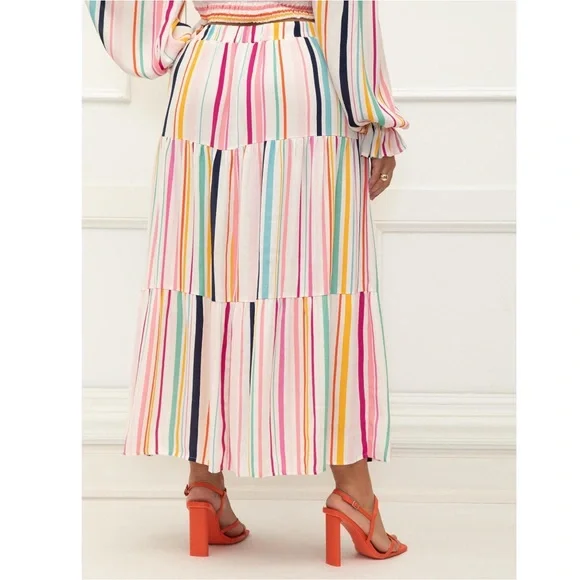 ELOQUII Rainbow Tiered Maxi Skirt With Slit Pull On Elastic Waist Colorful - Picture 2 of 9